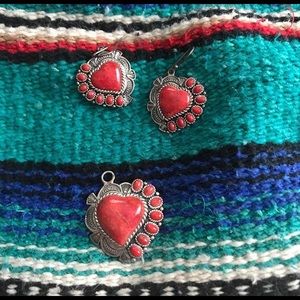 Red western silver earrings and pendant set